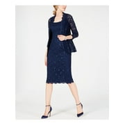 ALEX EVENINGS Womens Navy Lace Sequined Zippered Sleeveless Scoop Neck Knee Length Formal Sheath Dress 14